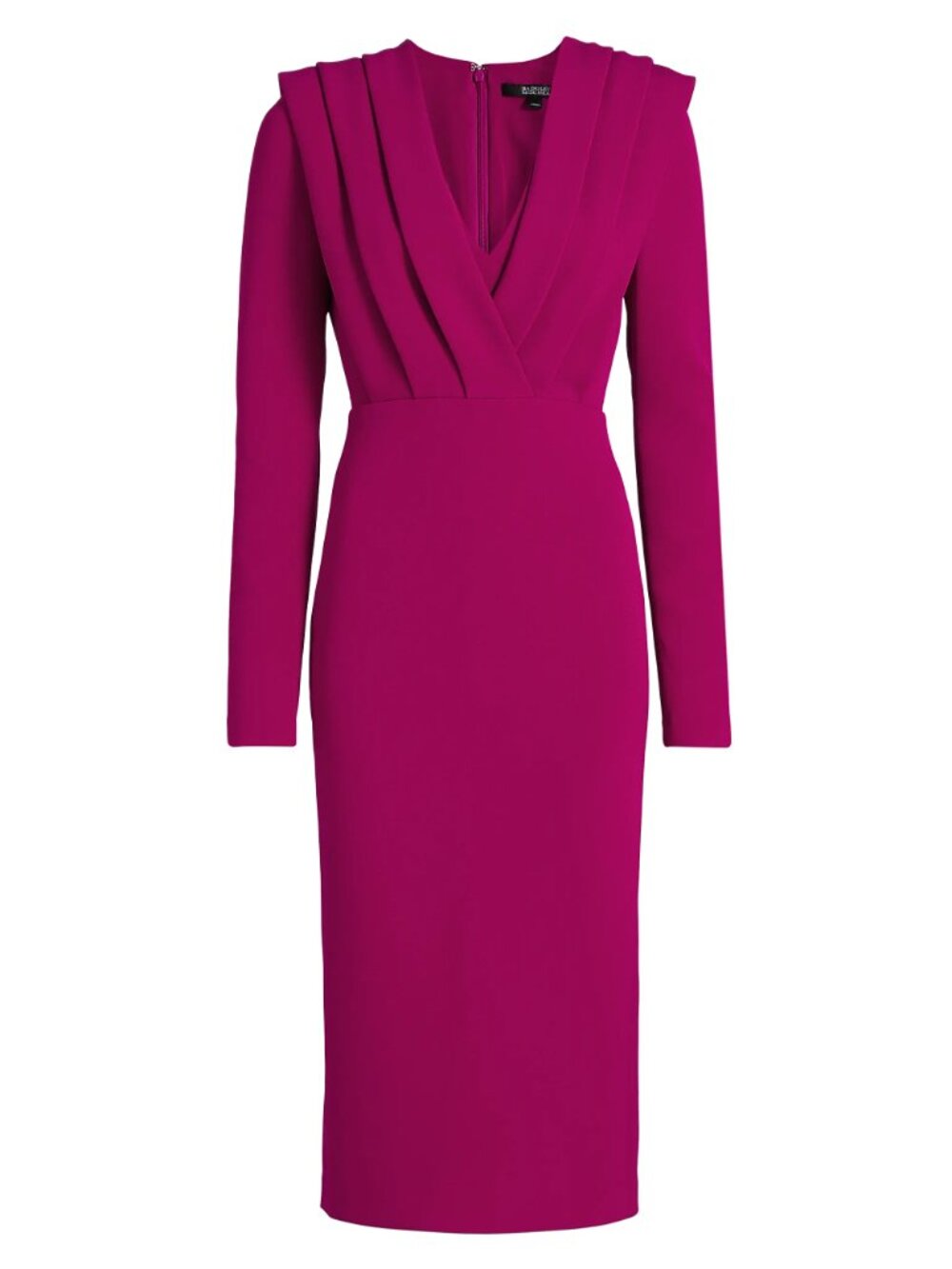 Badgley Mischka Raspberry Stretch Crepe V-Neck Midi-Dress Long Sleeve